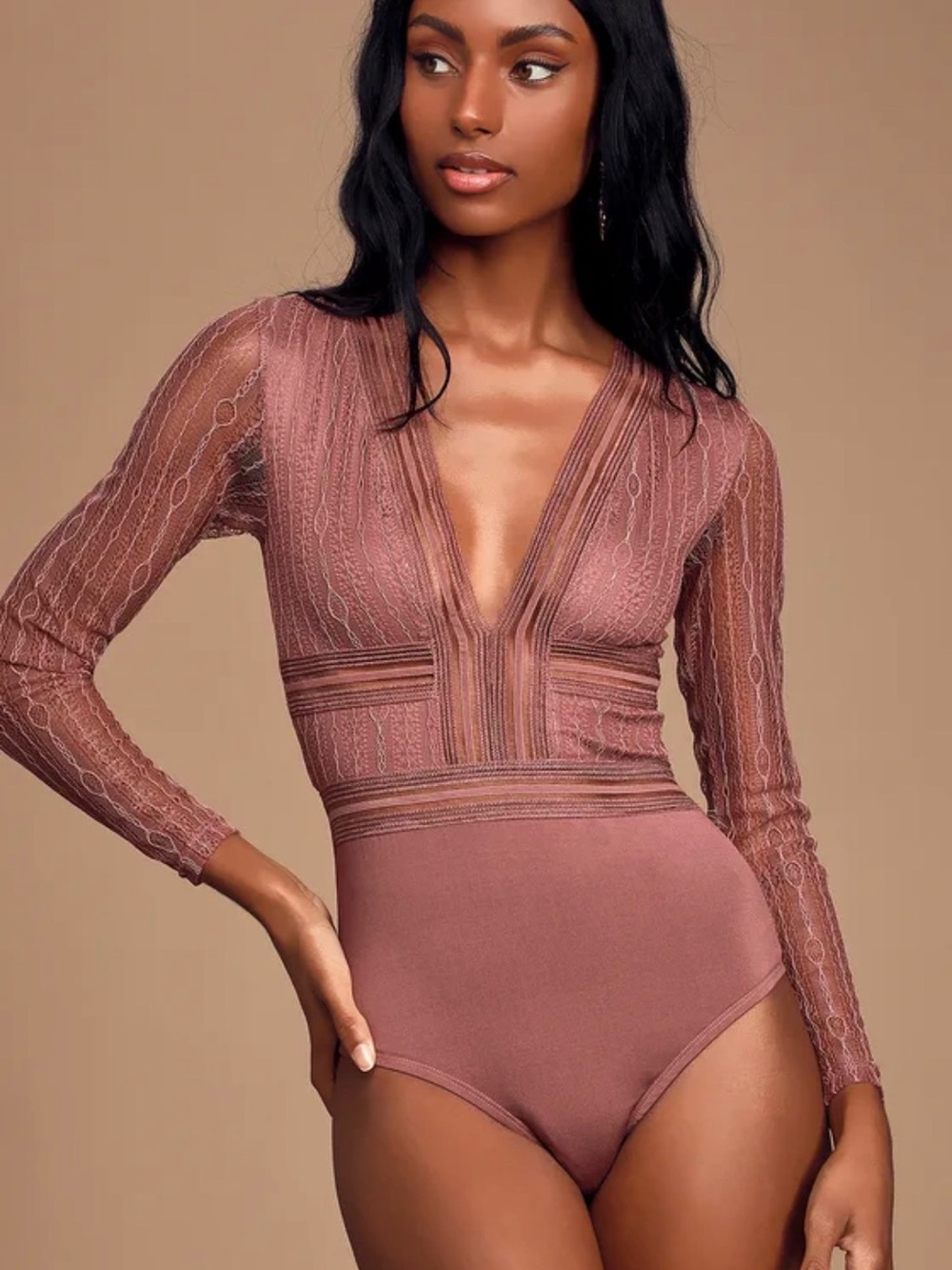 Lulu's Mauve Lace Long-Sleeve V-Neck Bodysuit